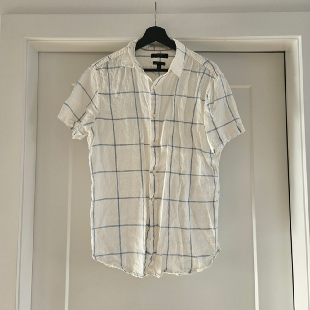 Men's White Short-Sleeve Button-Up Shirt with Blue Windowpane